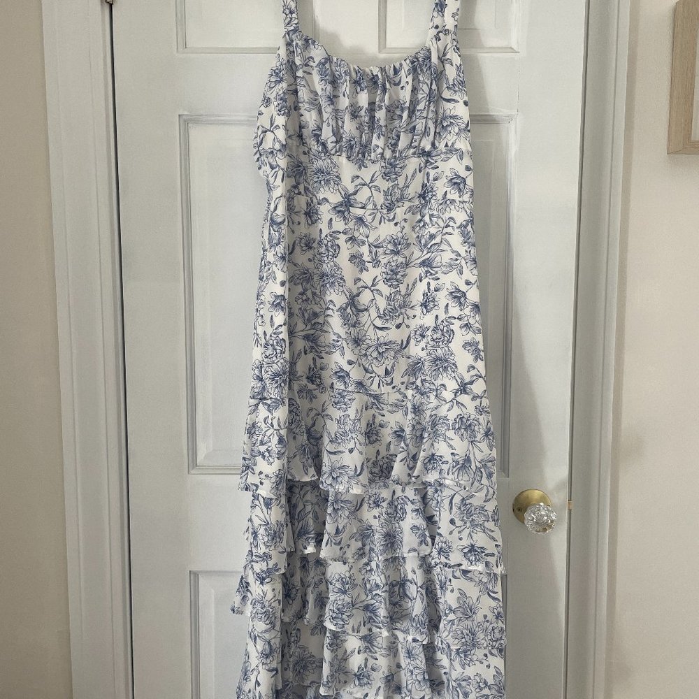 Blue and White Floral Print Ruffled Maxi Dress